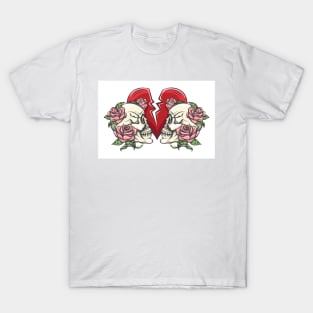Two Skulls in Roses and Broken Heart T-Shirt